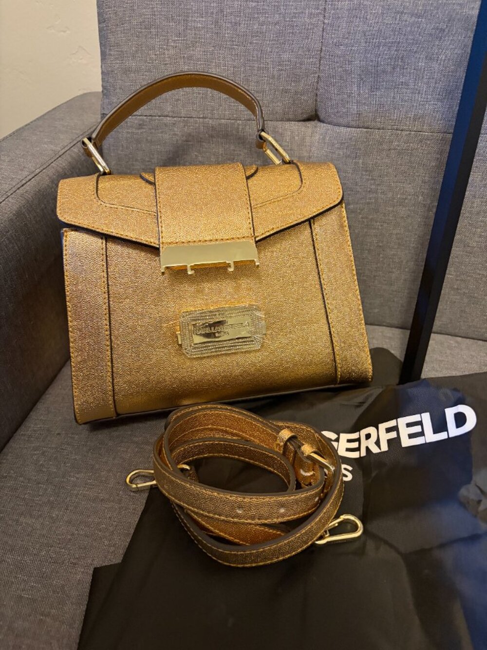 Karl Lagerfeld Paris Gold Satchel Top Handle Metallic Bag NWOT Strap Dust Bag - Picture 5 of 9
